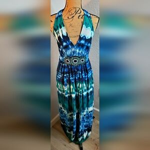 ICE Elegant Blue and Green Halter Maxi Dress